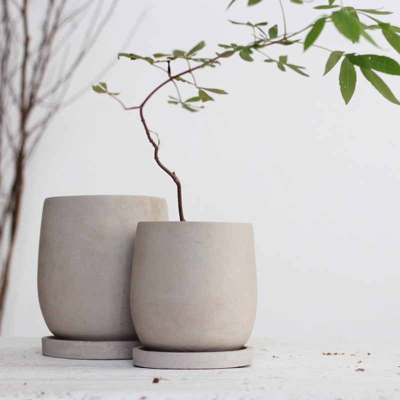Round Concrete Flower Pot with Tray for Succulent Plants